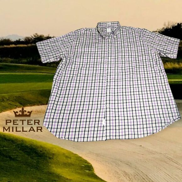 Peter‎ Millar Men's Short Sleeve Button Down Shirt Purple Plaid XXL - Picture 1 of 7